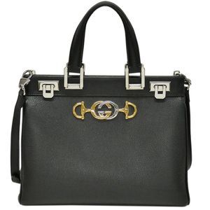 Gucci Zumi Leather Interlocking GG Horsebit Shoulder Bag Black